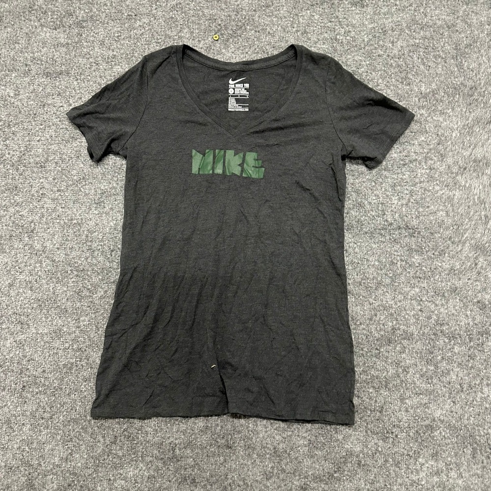 Nike T-Shirt Womens Size L Charcoal Gray V-Neck Viscose Blend Athletic Logo Tee